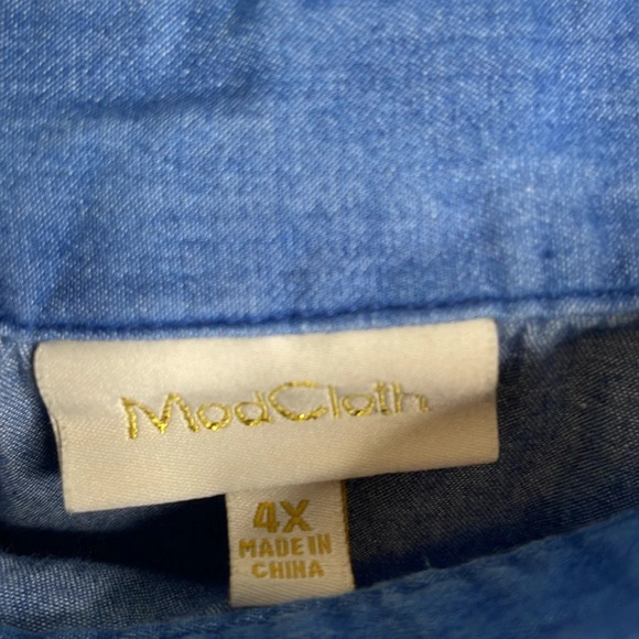 MODCLOTH Chambray Ruffled Mini Skirt Blue Medium Wash Pockets Cotton Plus 4X - Picture 6 of 11